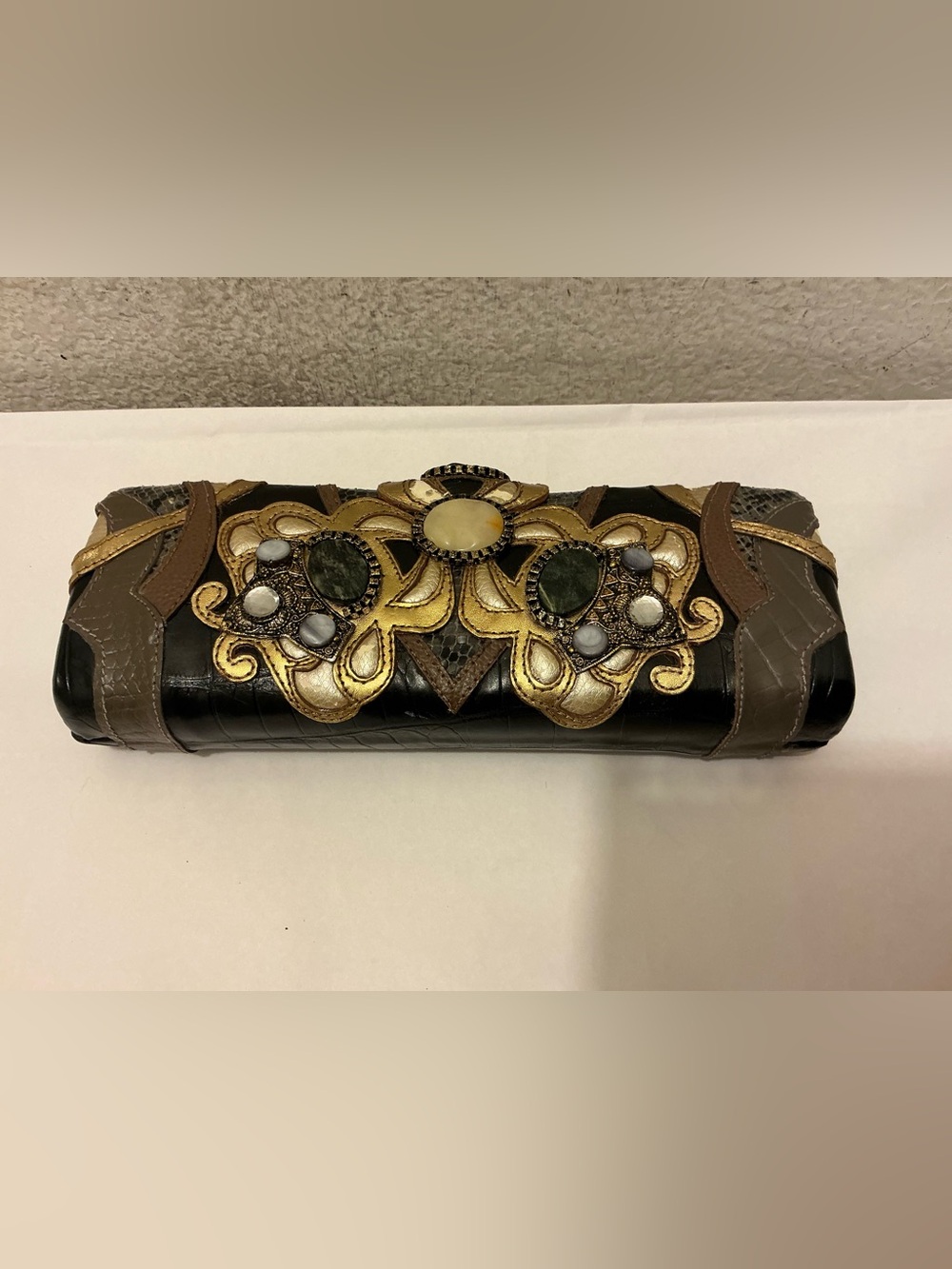 Yvette Floro Decorative Black and Gold Embellished Women's Clutch